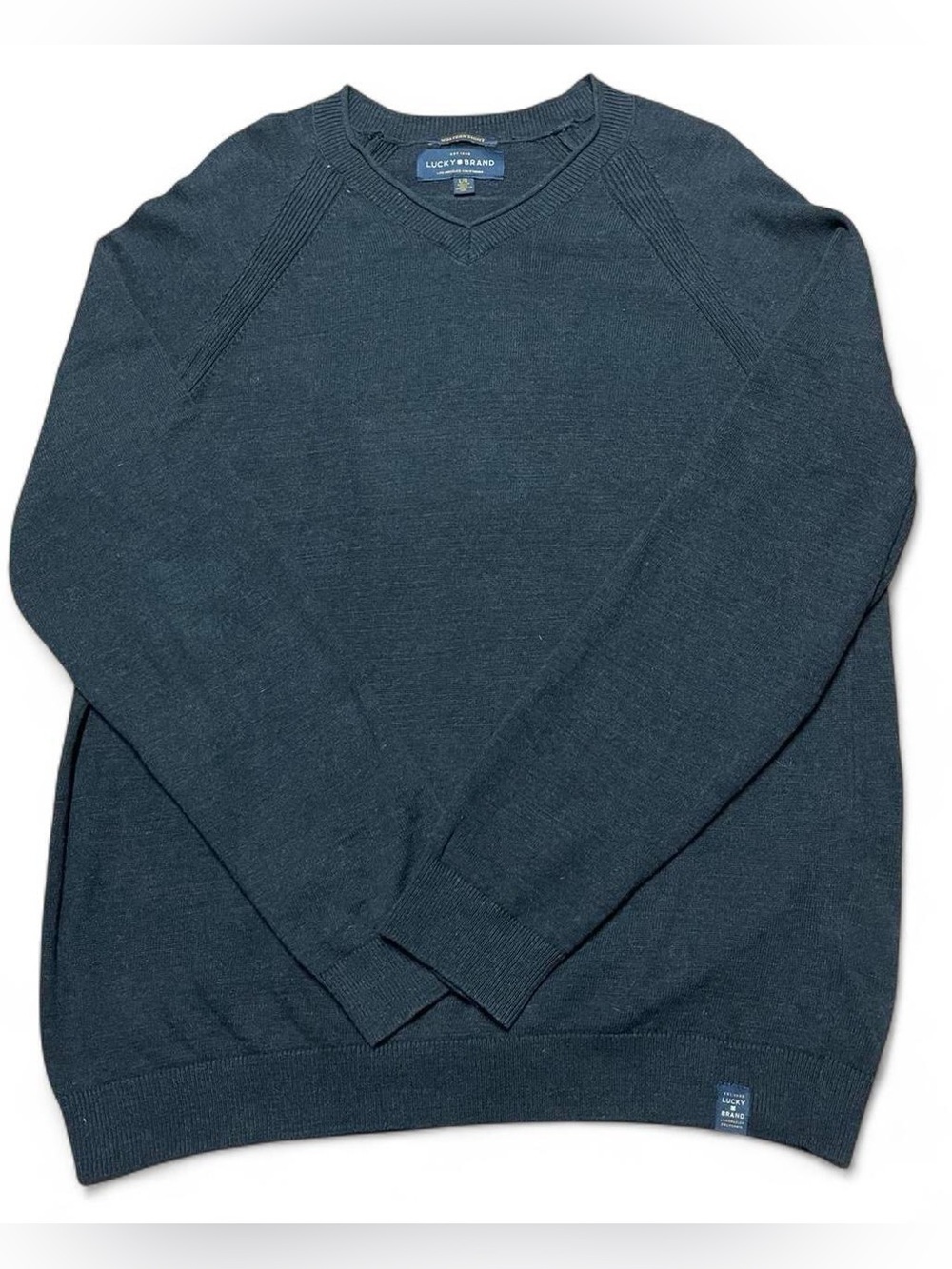 Lucky Brand Sweater Mens Large Black V-Neck Cotton Knit Pullover Welterweight